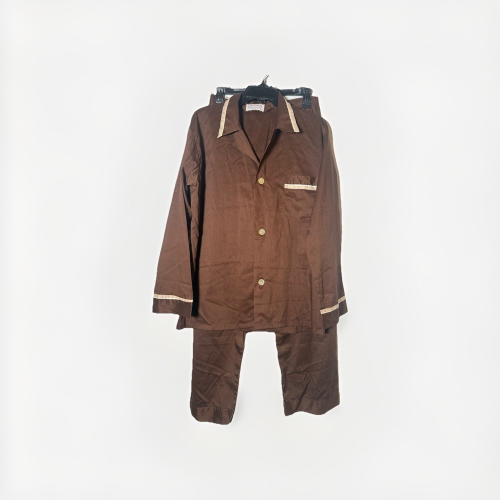 Vintage 60s 70s Mens PLEETWAY‎ BrownPajamas Set Shirt Pants Size Med